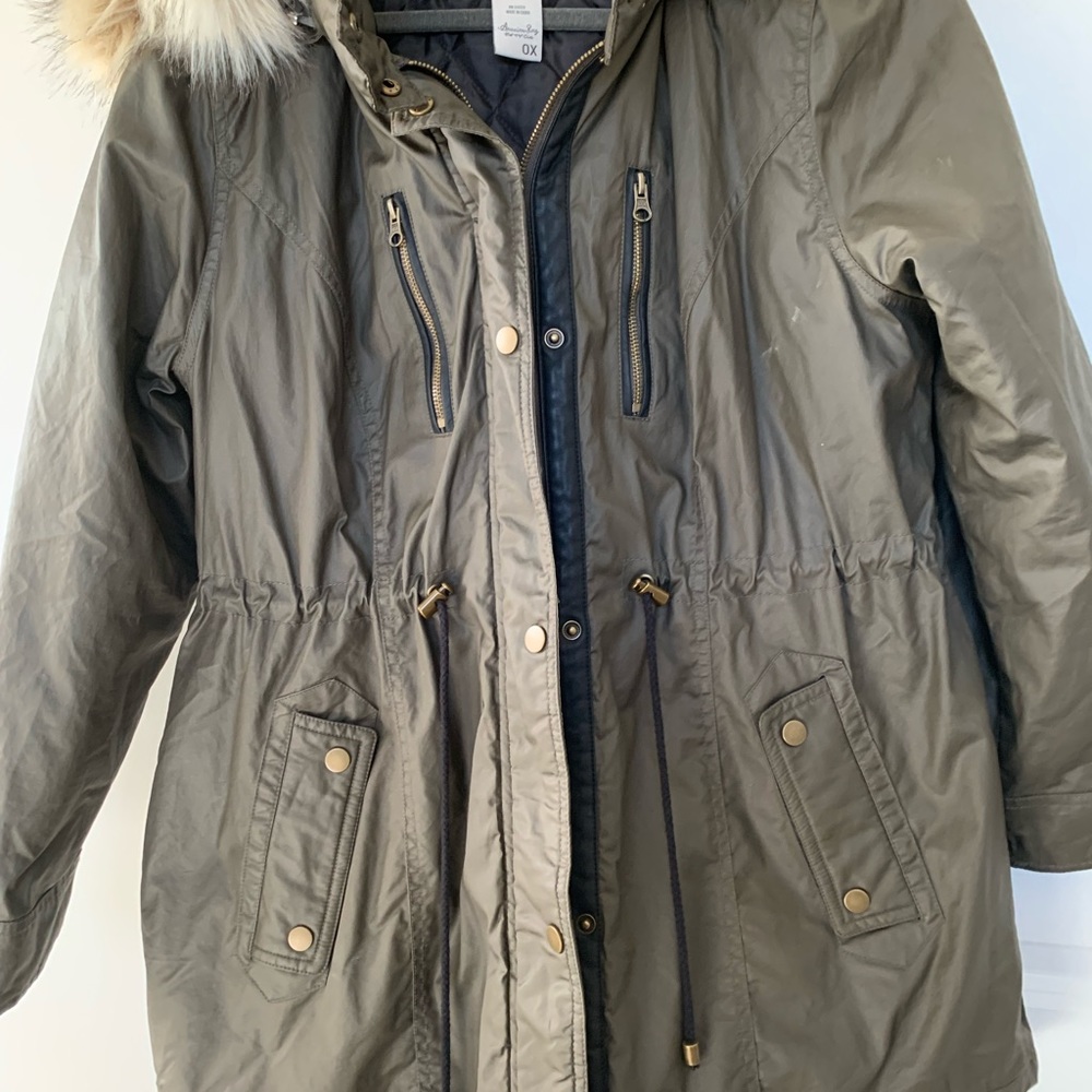 ANORAK OLIVE GREEN PARKA JACKET SIZE 0X, FUR COLLAR HOOD, CINCHED WAIST, NWOT,